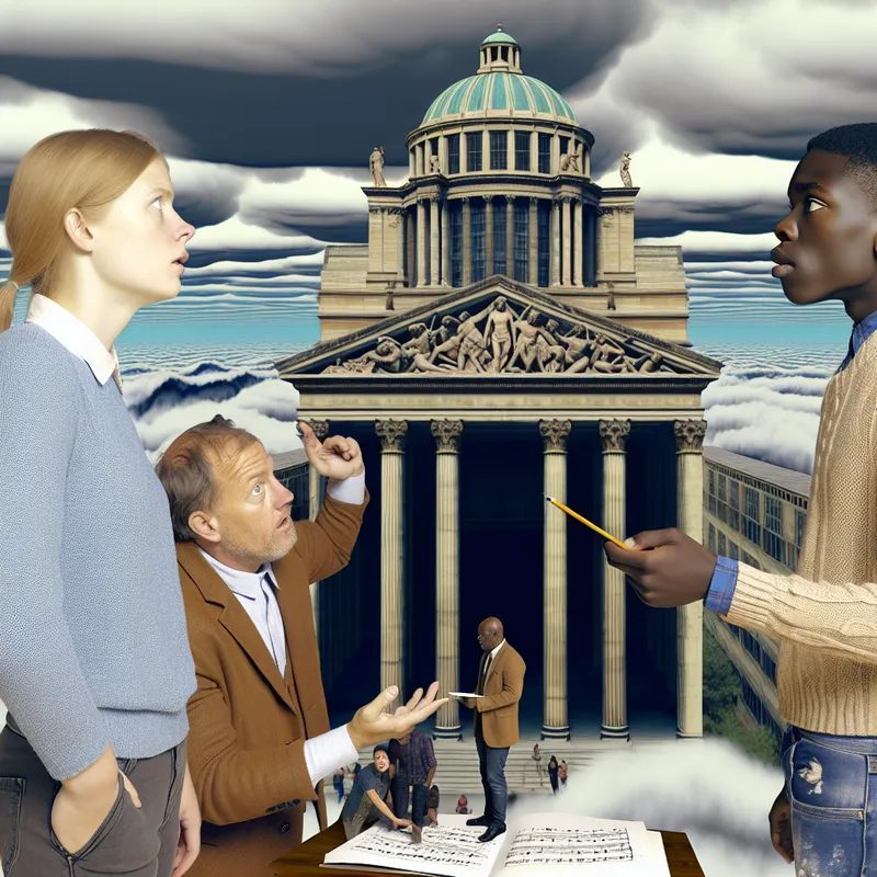 Groep middelbare scholieren voor een surrealistisch schoolgebouw, in serieuze discussie.