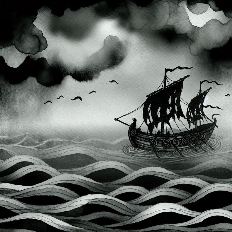 Een kleine boot op een donkere zee, zachtjes schommelend op de golven, met tattered zeilen en schaduwvormen binnenin, in een mysterieuze sfeer.