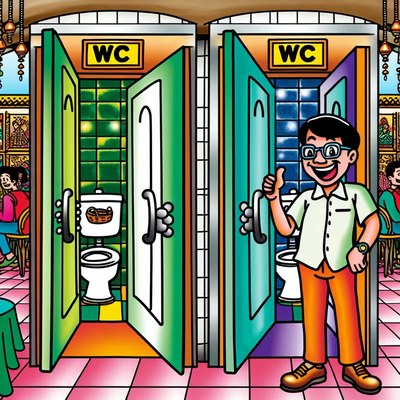 Een kleurrijke cartoonachtige illustratie van een schone openbare wc in een restaurant met een klant die goedkeuring geeft.