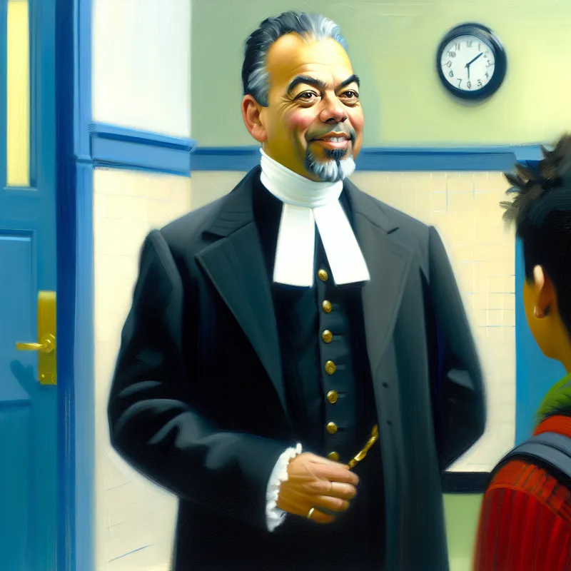 Portret van een zelfverzekerde school directeur in een schoolgang, geschilderd in de stijl van Frans Hals, met een leerling die aarzelend nadert