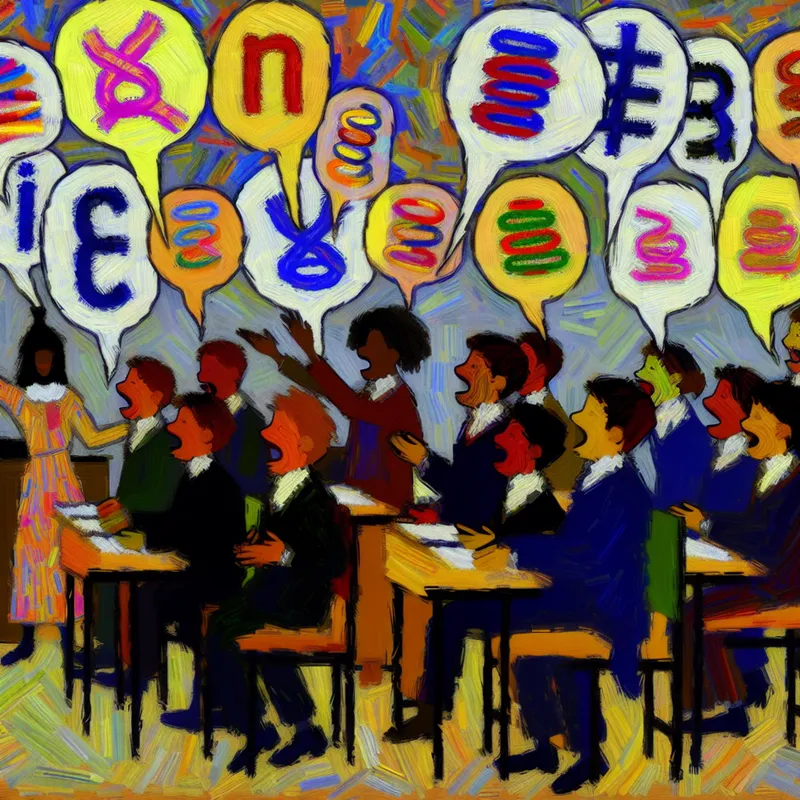 Abstract expressionist kunstwerk van een drukke klas vol diverse studenten die enthousiast deelnemen aan een tongbreker spel, met kleurrijke spraakballonnen vol jumbled letters.