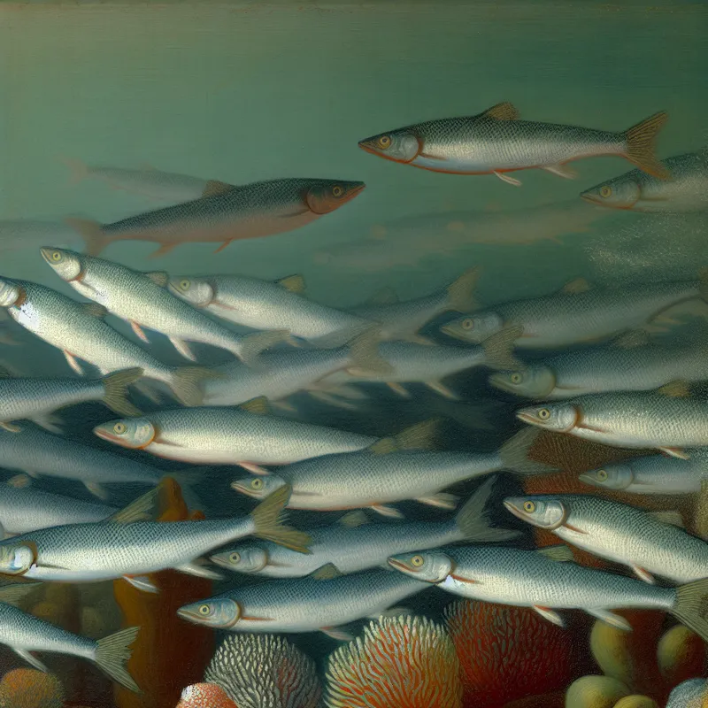 Een grote school haring die gracieus zwemt in een serene onderwateromgeving met zacht diffuus licht.