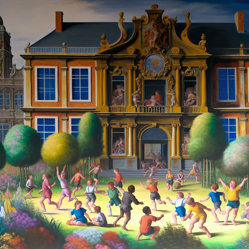 Een recent gerenoveerd schoolgebouw in Barokstijl met kinderen die vrolijk spelen op de speelplaats.