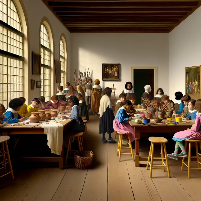 Groep schoolkinderen die enthousiast werken aan een kunstproject in een serene klaslokaal, omgeven door schildersbenodigdheden en kleurrijke kunstwerken.