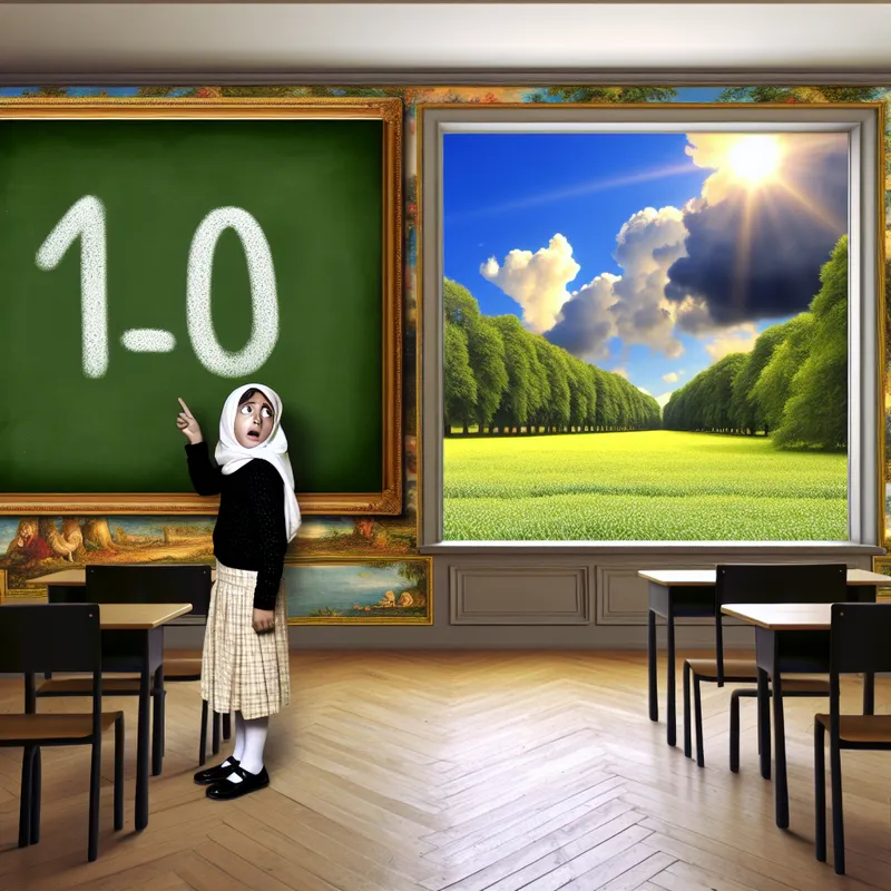 Klassikale scène met een verwarde leerling die naar het raam wijst, waar het juiste antwoord '5' in de zonneschijn te zien is, terwijl op het bord '10' staat.