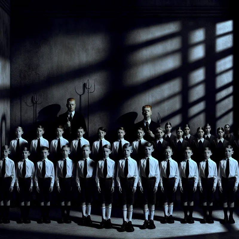 Gothische schoolklas met kinderen in identieke uniformen, donkere sfeer in de stijl van Félicien Rops