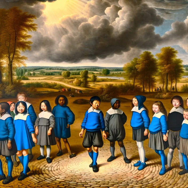 Groep diverse kinderen in blauwe truien en grijze broeken van schooluniform, staand in een sfeervolle schooltuin onder een dramatische lucht met gouden licht