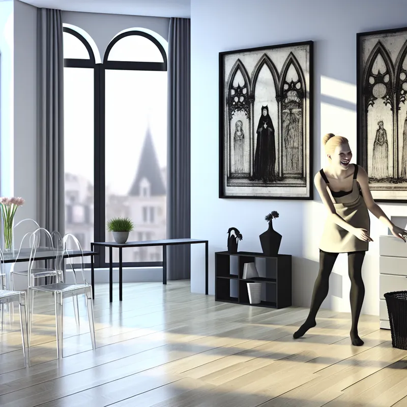 Een vrouw die een schoon en opgeruimd interieur van een huis aan het opruimen is, met grote ramen die zonlicht binnenlaten.