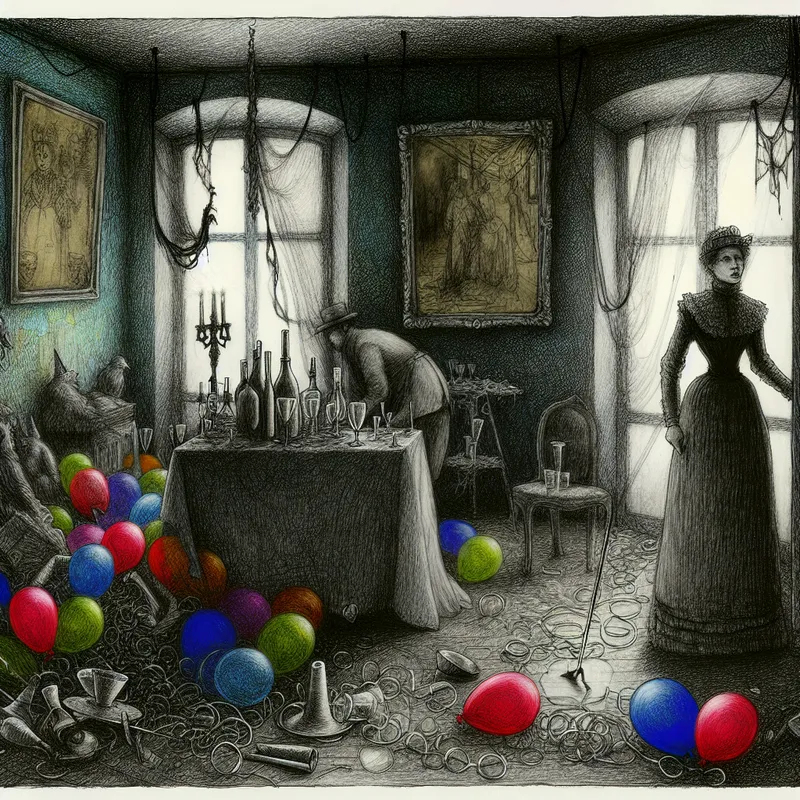 Een persoon in vintage kleding aan het schoonmaken in een donkere, moody kamer vol kleurrijke ballonnen en lege glazen na een feest.