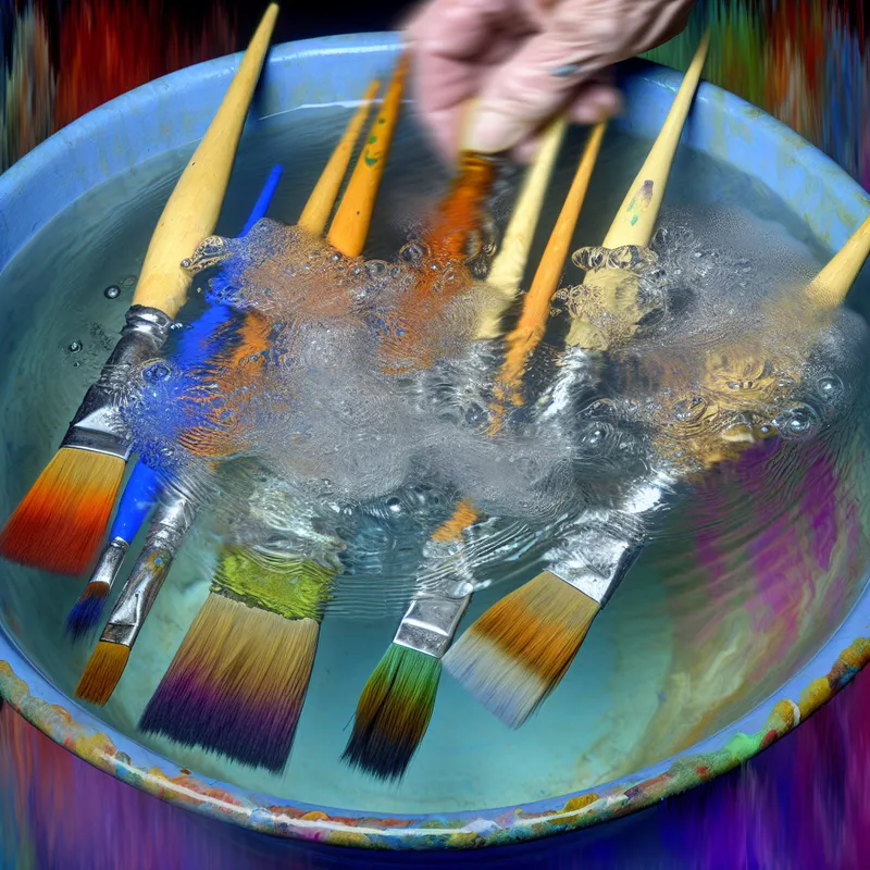 Hand van kunstenaar maakt oude penselen schoon in kom water