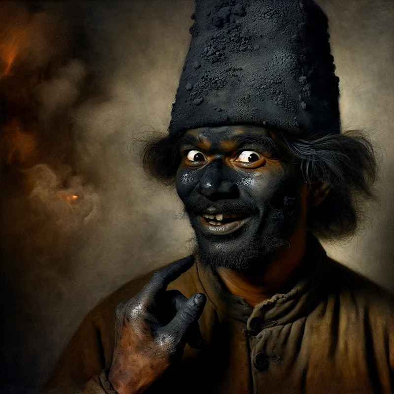 Portret van een schoorsteenveger met een gezicht volledig bedekt met roet, illustratie van extreme vuiligheid in de stijl van Frans Hals