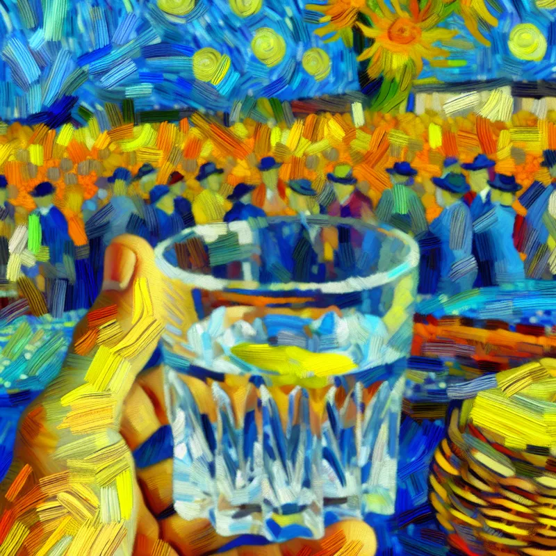 Klein glaasje sterke drank (jenever of tequila) in Van Gogh-stijl, klaar om in één keer opgedronken te worden tijdens een gezellige borrel