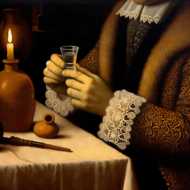 17e-eeuwse Nederlandse man houdt een klein glaasje jenever vast, klaar om een schotje te nemen in een intiem interieur met kaarslicht