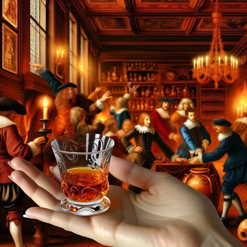 Hand houdt een klein sierlijk glaasje jenever of whisky vast in een weelderige barokke taverne met levendige 17e-eeuwse figuren
