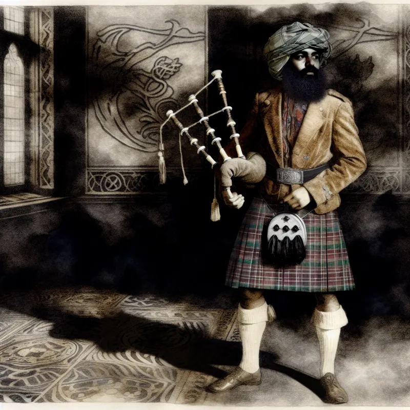 Schotse man in traditionele kilt met doedelzak in mystieke gotische setting, symbolisch voor Schotse cultuur en nationaliteit