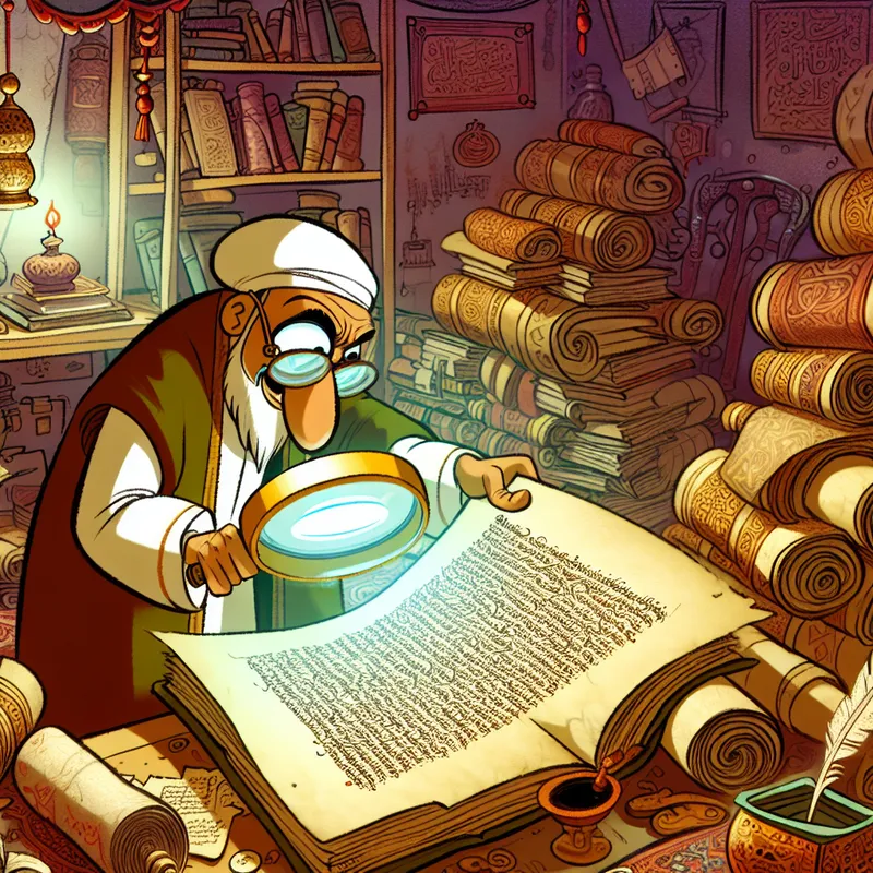 Schriftgeleerde in een gezellige studeerkamer vol oude boeken en manuscripten, bestudeert een middeleeuws document met een vergrootglas onder warm licht