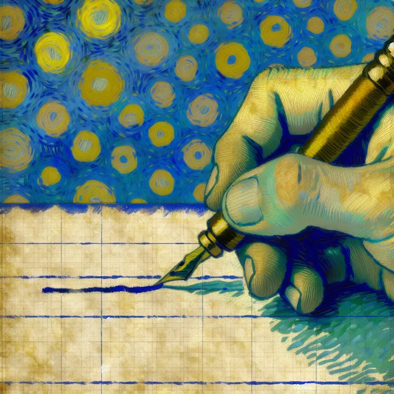 Illustratie van een hand met pen boven een horizontale schrijflijn op papier, in Van Gogh-stijl met blauwe en gele penseelstreken