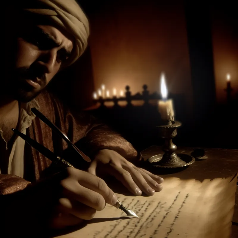 Man schrijft met intense concentratie bij kaarslicht in een schemerige kamer