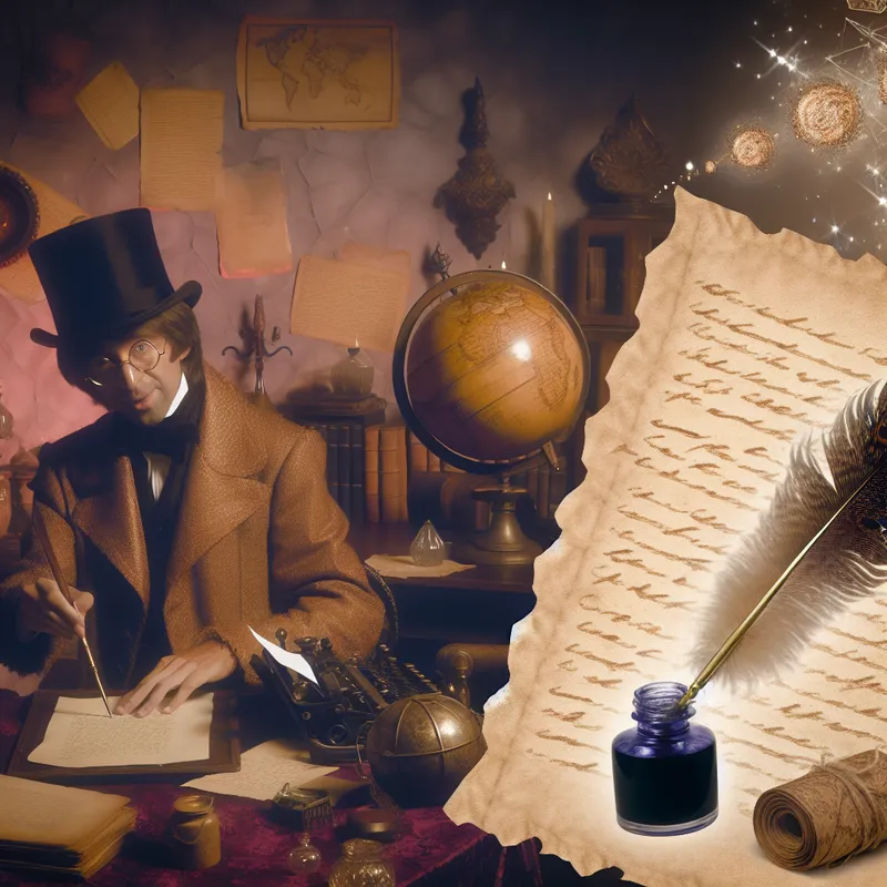 Een vintage-stijl brief wordt geschreven door een elegante directeur, omringd door een ornamentele veer, een inktpot en ingewikkeld papier.