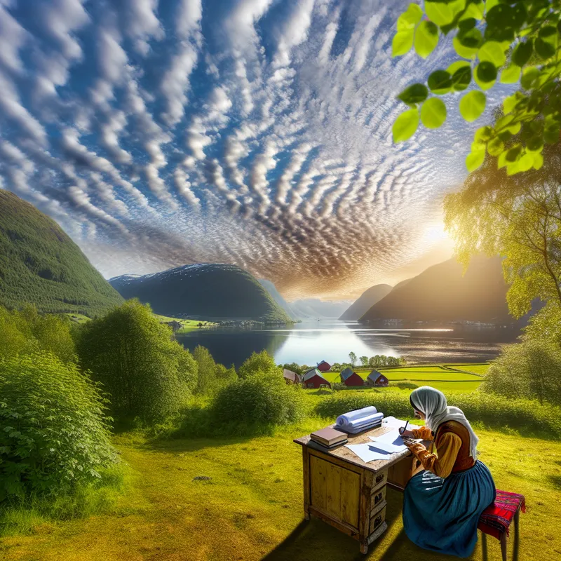 Schrijver aan een houten bureau in de natuur, omringd door groen, schrijft een artikel over Norway.