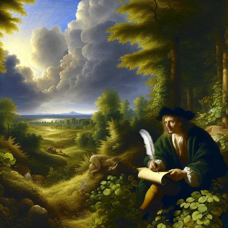 Een schrijver in een zonovergoten open plek, gefocust op het schrijven van een verhaal met een vintage veer en perkament, omringd door groene bomen en bloemen.