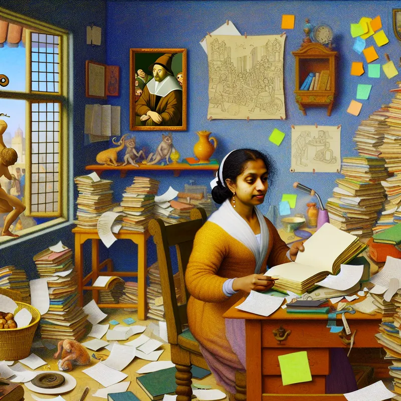 Een schrijver aan een rommelige bureau in een gezellige studie, bezig met het schrijven van een nieuw hoofdstuk.