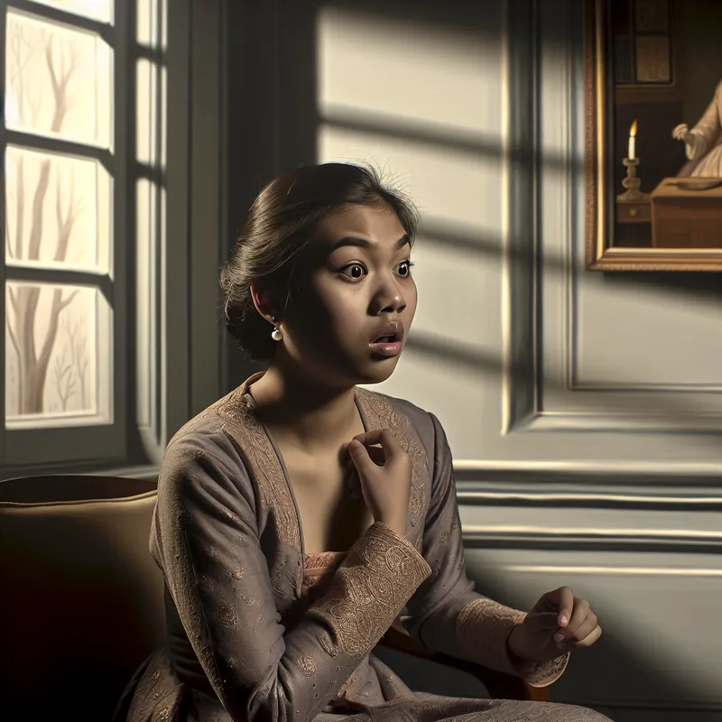 Jonge vrouw toont een schrikreactie in een zachte, gedekte kamer.