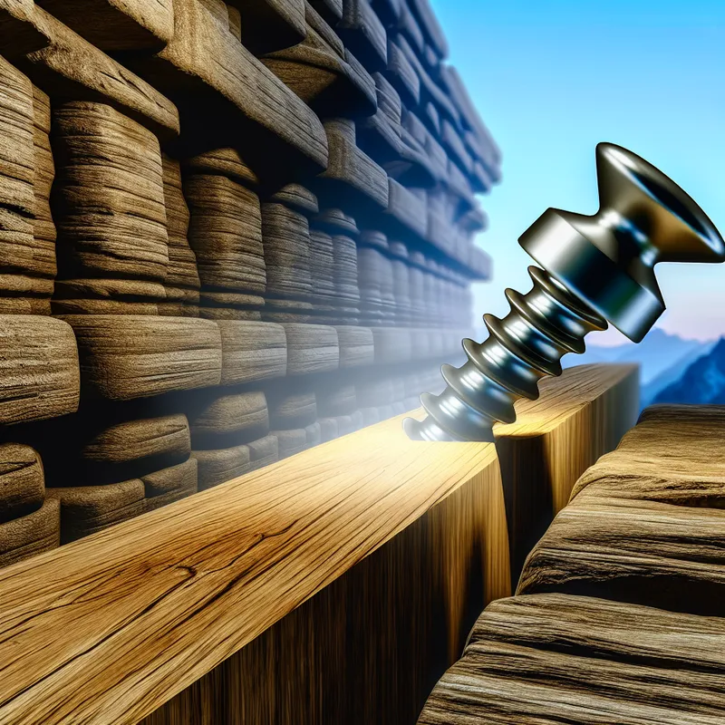 Hyperrealistisch beeld van een grote schroef die moeite heeft om door een dik houten oppervlak te dringen, in een surrealistisch landschap.