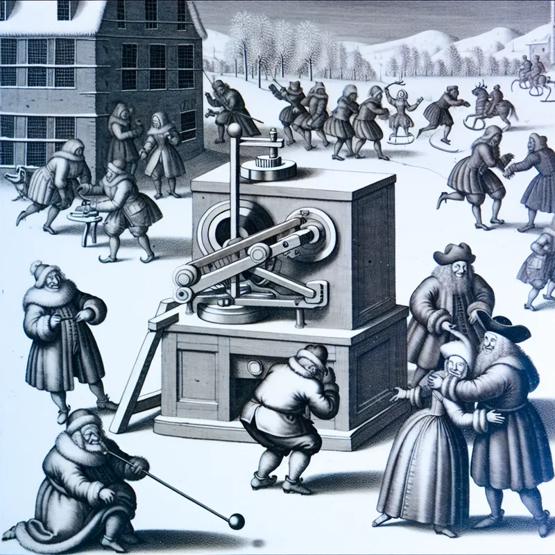 17e-eeuwse Nederlandse winterscène met persoon die een schuifknop van een apparaat afstelt in een besneeuwd dorpsplein