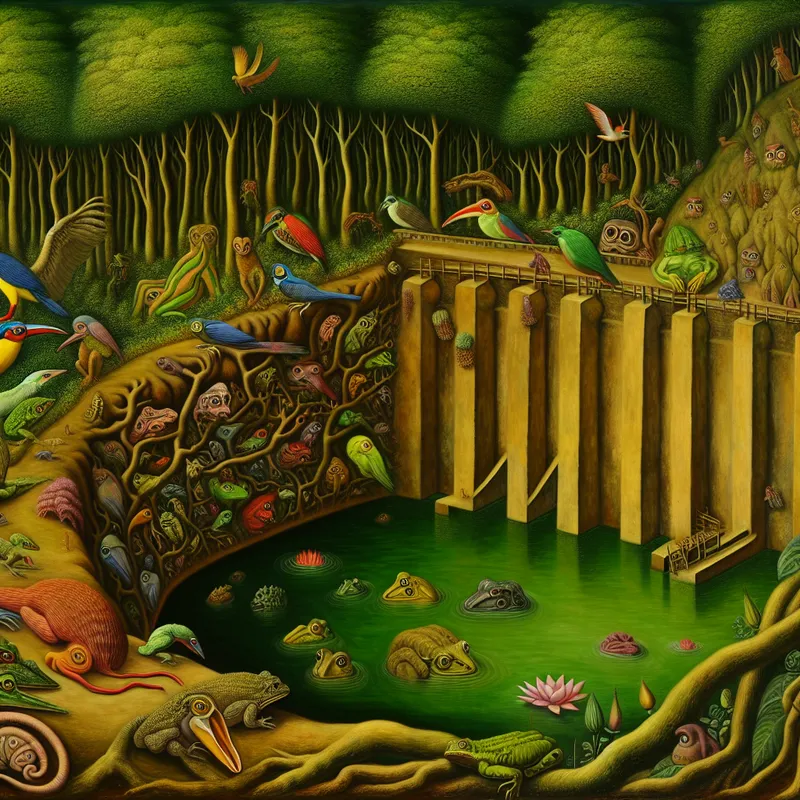 Surrealistisch uitzicht op een dam omringd door weelderige groene natuur, vol met fantasierijke wezens zoals kleurrijke vogels en bizarre amfibieën die schuilen.