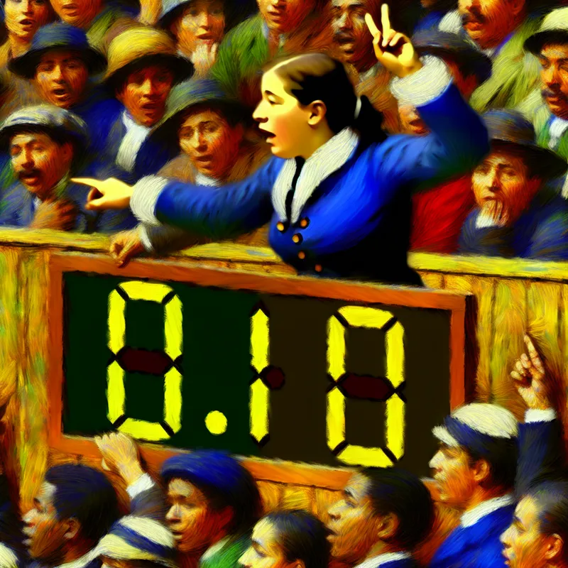 Scorekeeper bij een sportwedstrijd kijkt naar de scorebord met het cijfer '0' en omringd door enthousiaste toeschouwers.