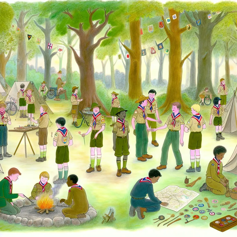 Een diverse groep jonge scouts in unieke uniformen, bezig met avontuurlijke activiteiten in een bosrijke omgeving, waaronder een kampvuur en het opzetten van tenten.