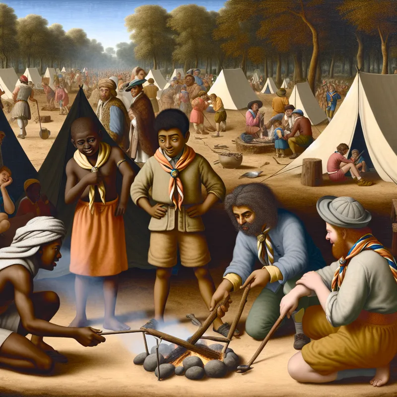 Jonge scout leert vuur maken onder begeleiding tijdens een levendig scoutingkamp met activiteiten zoals tenten opzetten en spelletjes spelen