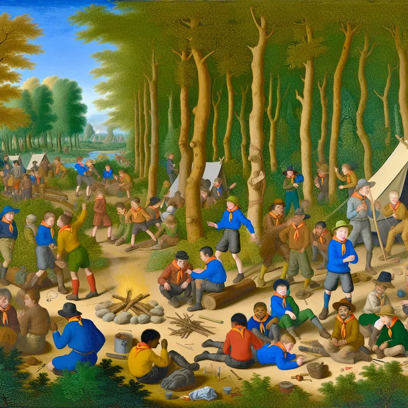 Scoutingkamp scene met kinderen die activiteiten zoals tent opzetten en knopen leren uitvoeren.