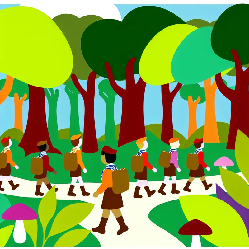 Minimalistische illustratie van een groep scouts die een trektocht maken door een dicht bos met grote bladeren en paddenstoelen, in de stijl van Dick Bruna