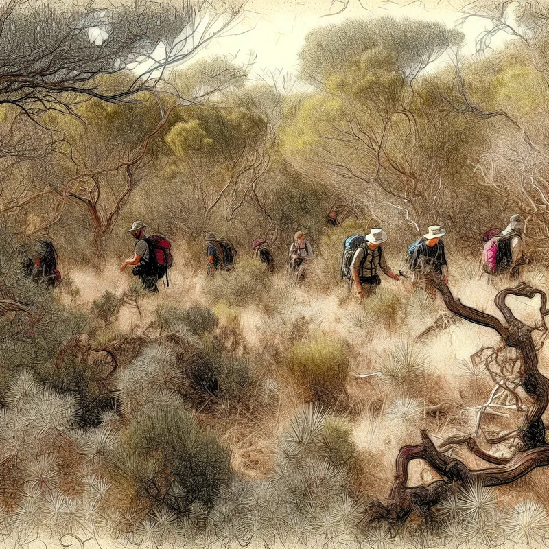 Illustratie van een groep wandelaars in een droog natuurgebied met dichte, lage struikbegroeiing en subtiele wilde dieren zoals een kangoeroe