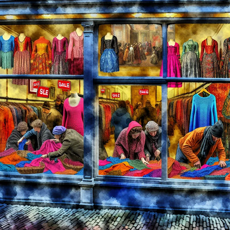 Een levendige boetiek met een grote etalage die kleurrijke kleding en accessoires toont, vergezeld van felle uitverkoopborden.
