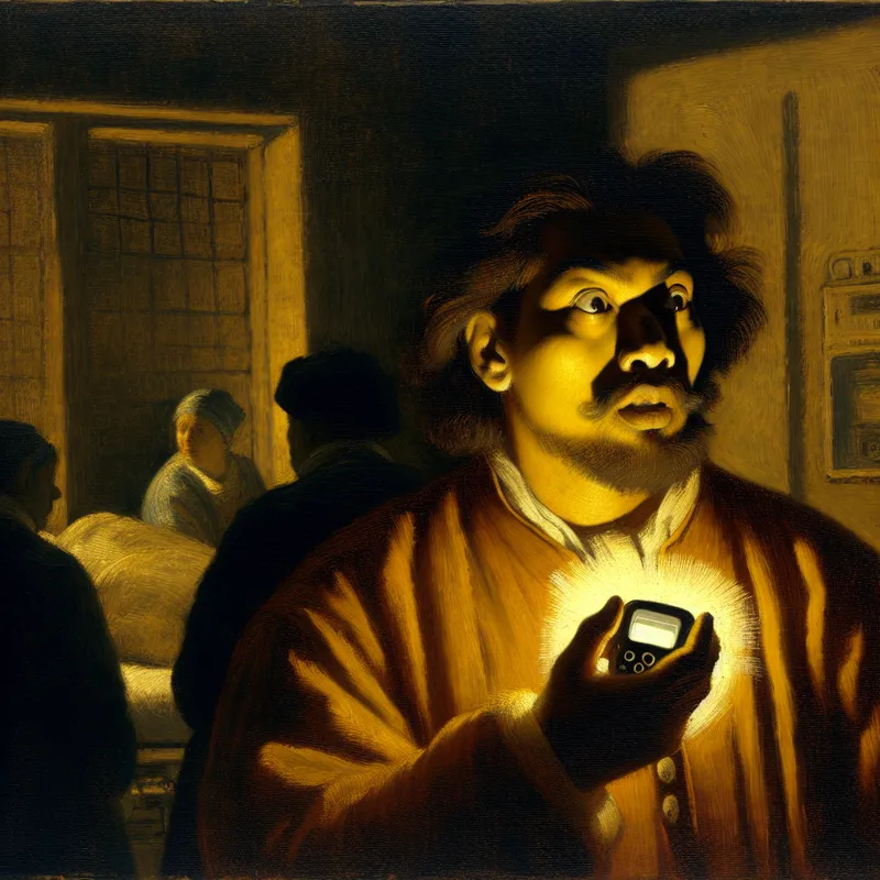 Dramatische ziekenhuisscène in Rembrandt-stijl met een arts die een oplichtende semafoon vasthoudt als waarschuwingssignaal