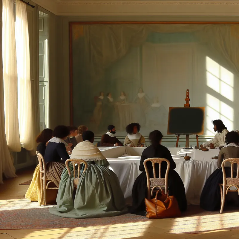Een serene binnenruimte met een seminar in uitvoering, waarbij elegant geklede deelnemers aan een ronde tafel discussiëren.