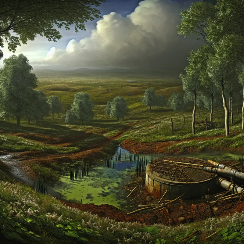 Gedetailleerd landschap in de stijl van Jacob van Ruisdael met een verborgen septische tank tussen weelderige begroeiing, hintend naar bacteriële groei en verwaarlozing