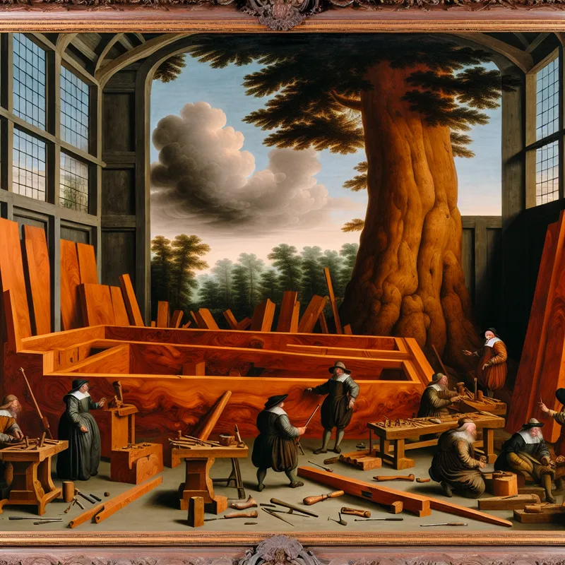 17e-eeuws Nederlands schilderij van ambachtslieden die een grote houten kast maken van sequoiahout, met gereedschap en een reusachtige sequoia op de achtergrond