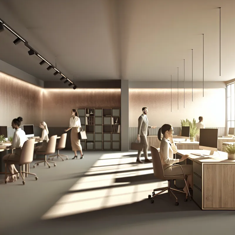 Licht kantoor met vriendelijke collega's die samenwerken aan houten bureaus onder natuurlijke verlichting.