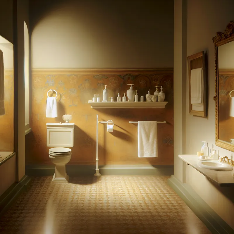 Rustige badkamer met porseleinen toiletten en zacht licht, benadrukt hygiëne en verzorging