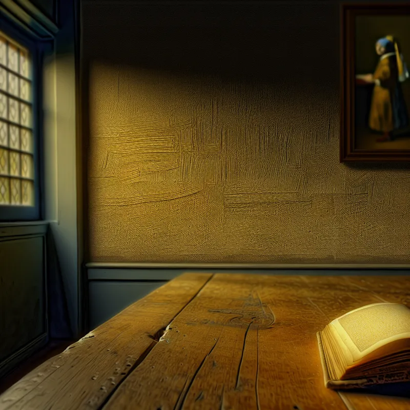 Een serene binnenomgeving met een prachtig geschilderde wand, een boek op een houten tafel, zacht licht.