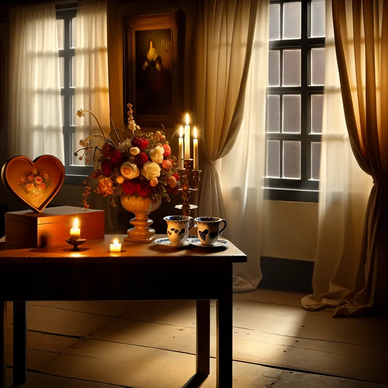 Een serene binnenruimte met een tafel die versierd is met een hartvormige doos, een boeket bloemen en twee kopjes, symboliserend de tederheid van de liefde.