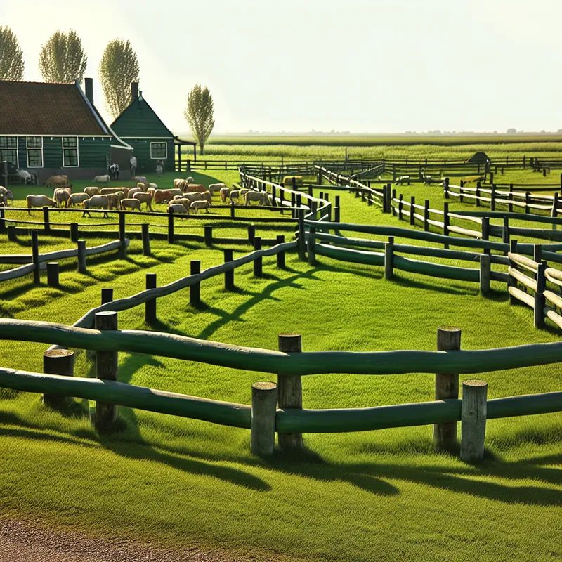 Een serene boerderijlandschap met omheinde weides voor verschillende dieren zoals koeien en schapen. De houten hekken scheiden de groene weilanden.