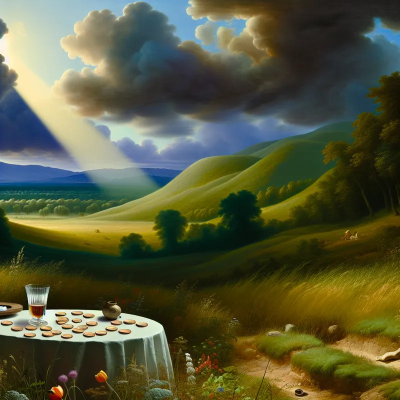 Een prachtige buitenstaander met een tafel, een glas en enkele munten op een groene achtergrond met heuvels en een dramatische lucht.