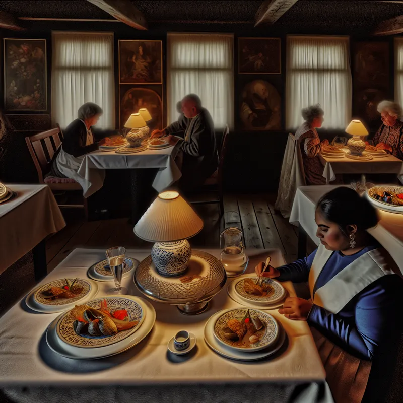 Een mooi gedekte tafel met visgerechten in een rustig restaurant, met gasten die genieten van hun maaltijden.