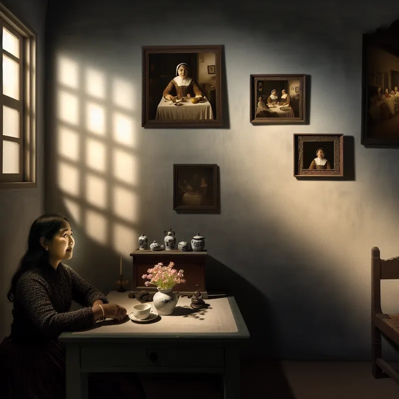 Een jonge vrouw zit aan een tafel, omringd door oude foto's en souvenirs van haar grootouders, terwijl zacht licht door het raam valt.