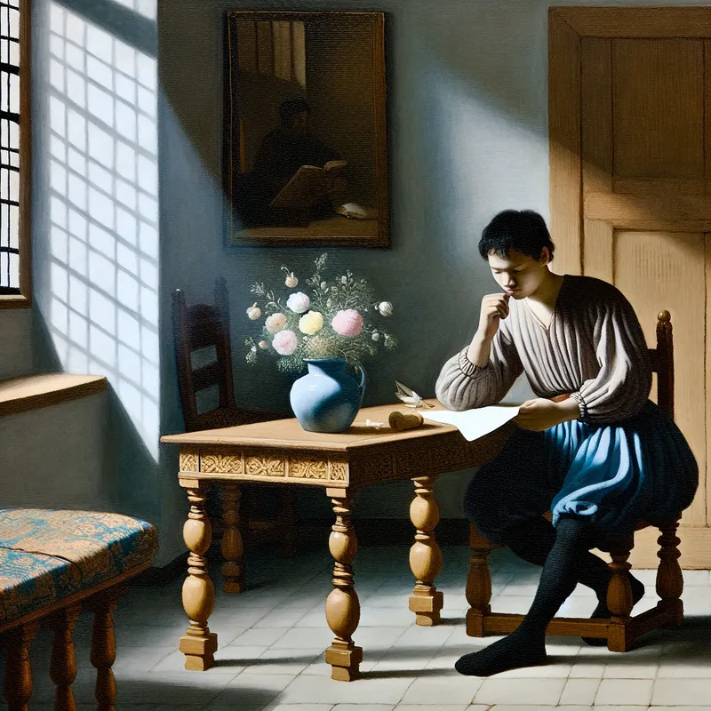 Een jong persoon zit aan een houten tafel, nadenkend over een stuk papier, verlicht door zacht zonlicht van een raam.